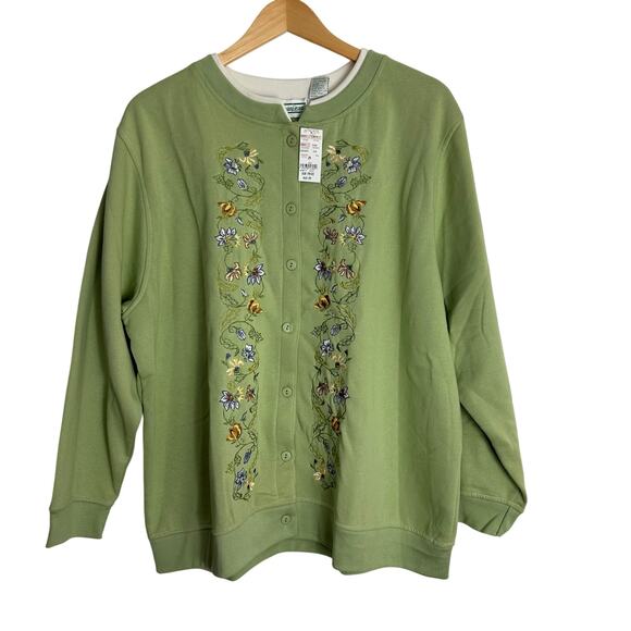 Vintage 80s Shenanigans Sweatshirt Cardigan Womens 2X Floral Embroider Green New - Picture 1 of 6
